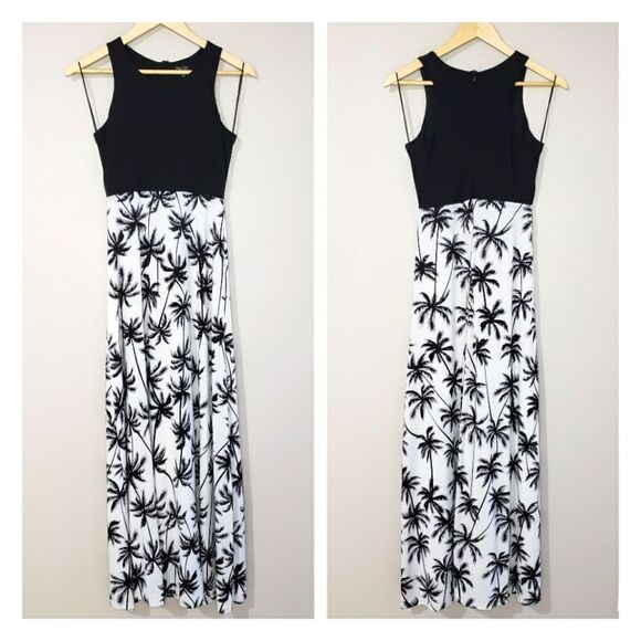 Papillon XSmall Black White Sleeveless Tropical Print Maxi Dress - Picture 1 of 9